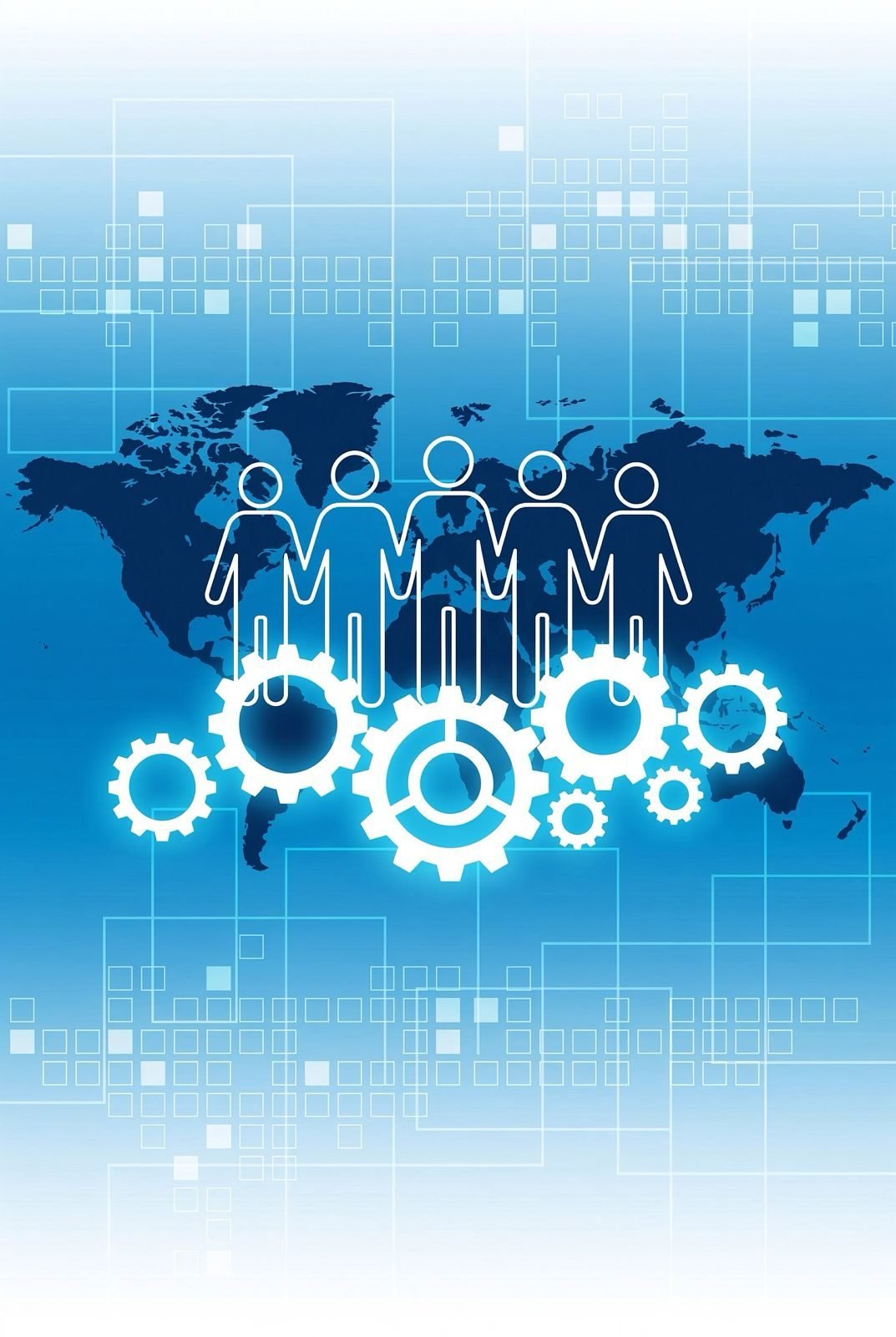 Five connected figures standing on gears over a world map, representing international partnerships
