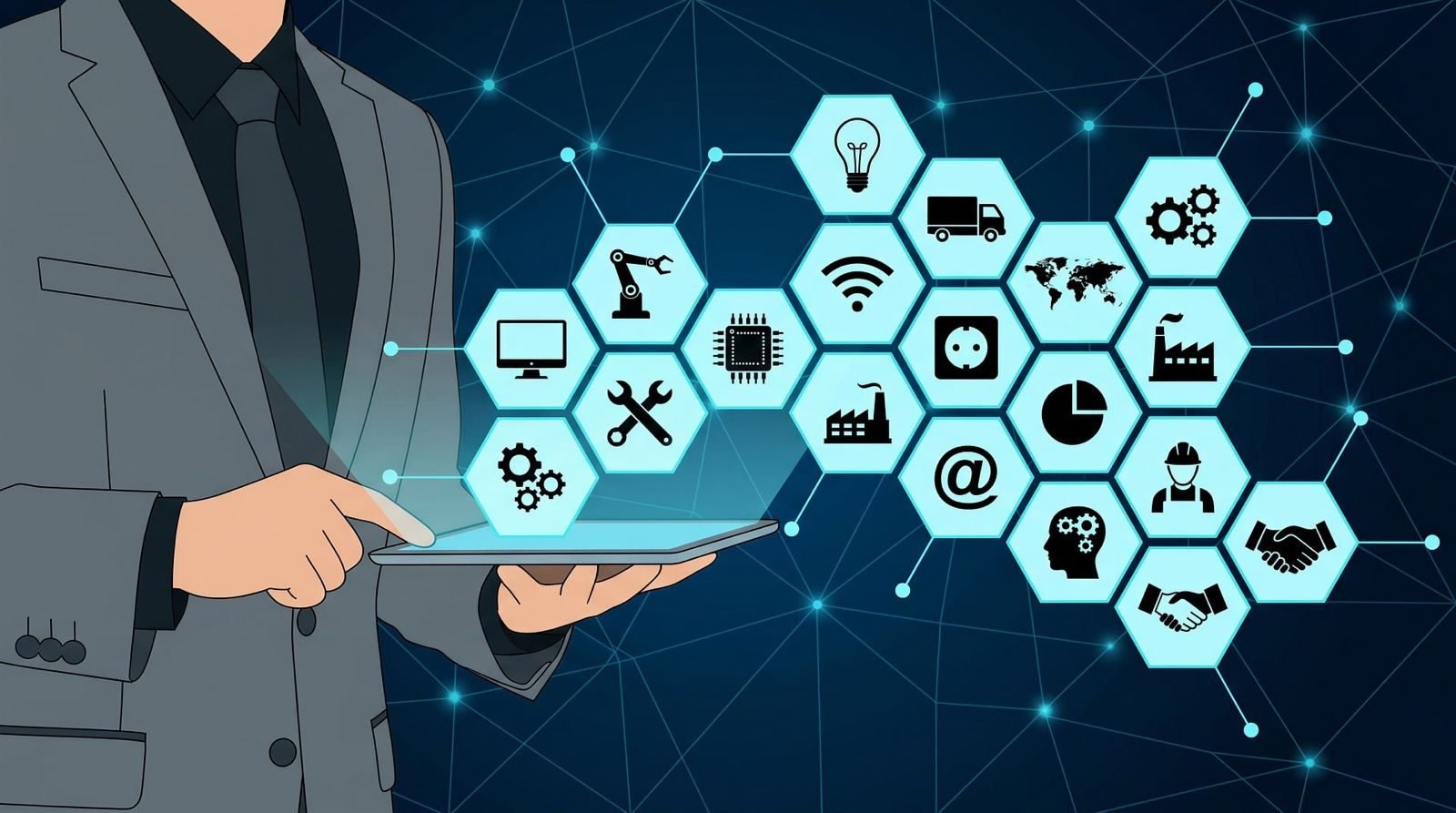 A consultant touching a tablet, with hexagon icons for industry, technology, finance and partnerships